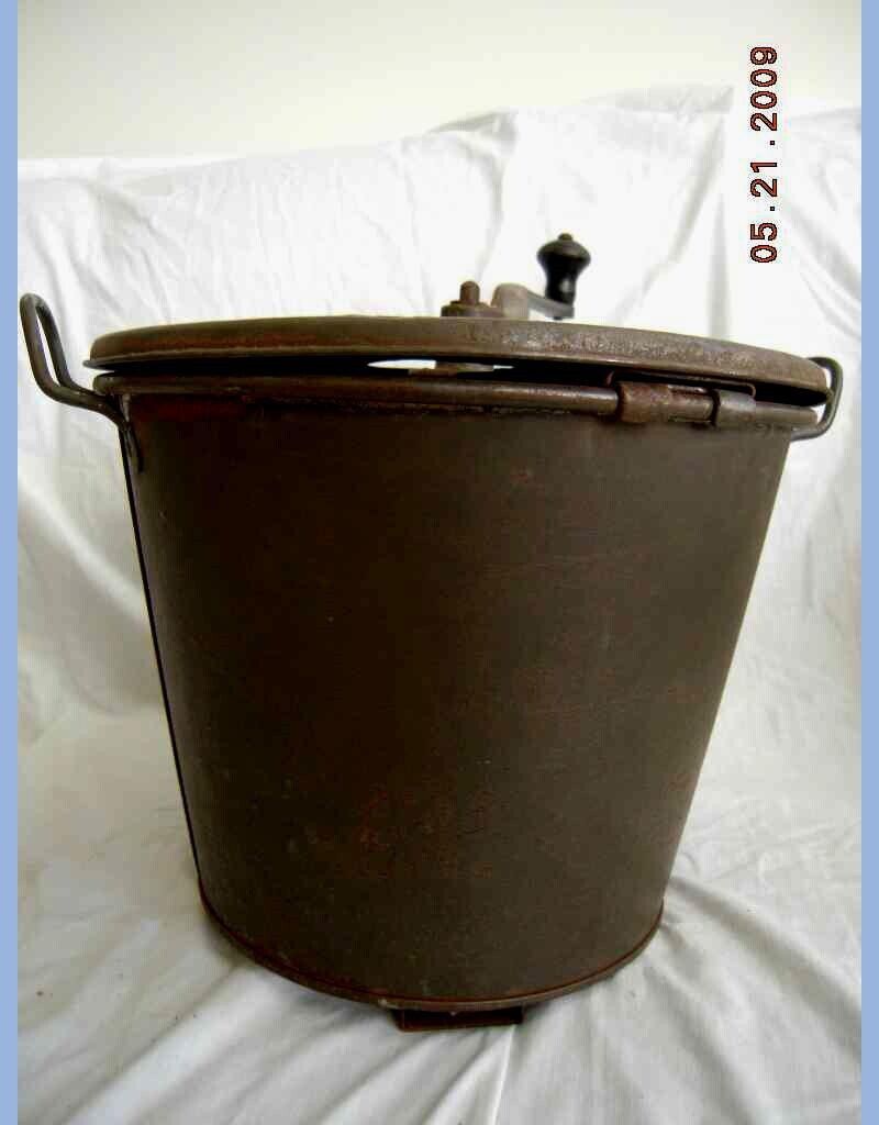 Primary image for antique BREAD MIXER CHURNER tin pail BUCKET primitive DOUGH HOOK dark metal