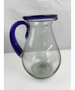 Mexican Hand Blown Glass Sangria Pitcher Blue Rim Handle 2.5QTs 9-1/2&quot; M... - $29.99