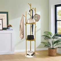 Coat Rack Stand Hall Tree W 3 Tiers Shelves 9 Hooks Marble Base Gold Met... - £85.21 GBP