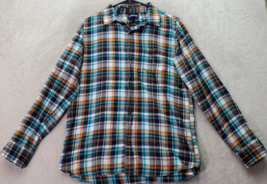 Lands&#39; End Shirt Boys XL Teal Orange Plaid Flannel Pocket Collared Butto... - £14.25 GBP