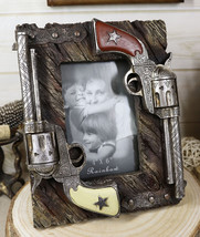 Western Outlaw Dual Pistol Revolvers Faux Barnwood Photo Picture Frame Decor 4X6 - £22.37 GBP