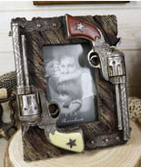 Western Outlaw Dual Pistol Revolvers Faux Barnwood Photo Picture Frame D... - $38.02 CAD