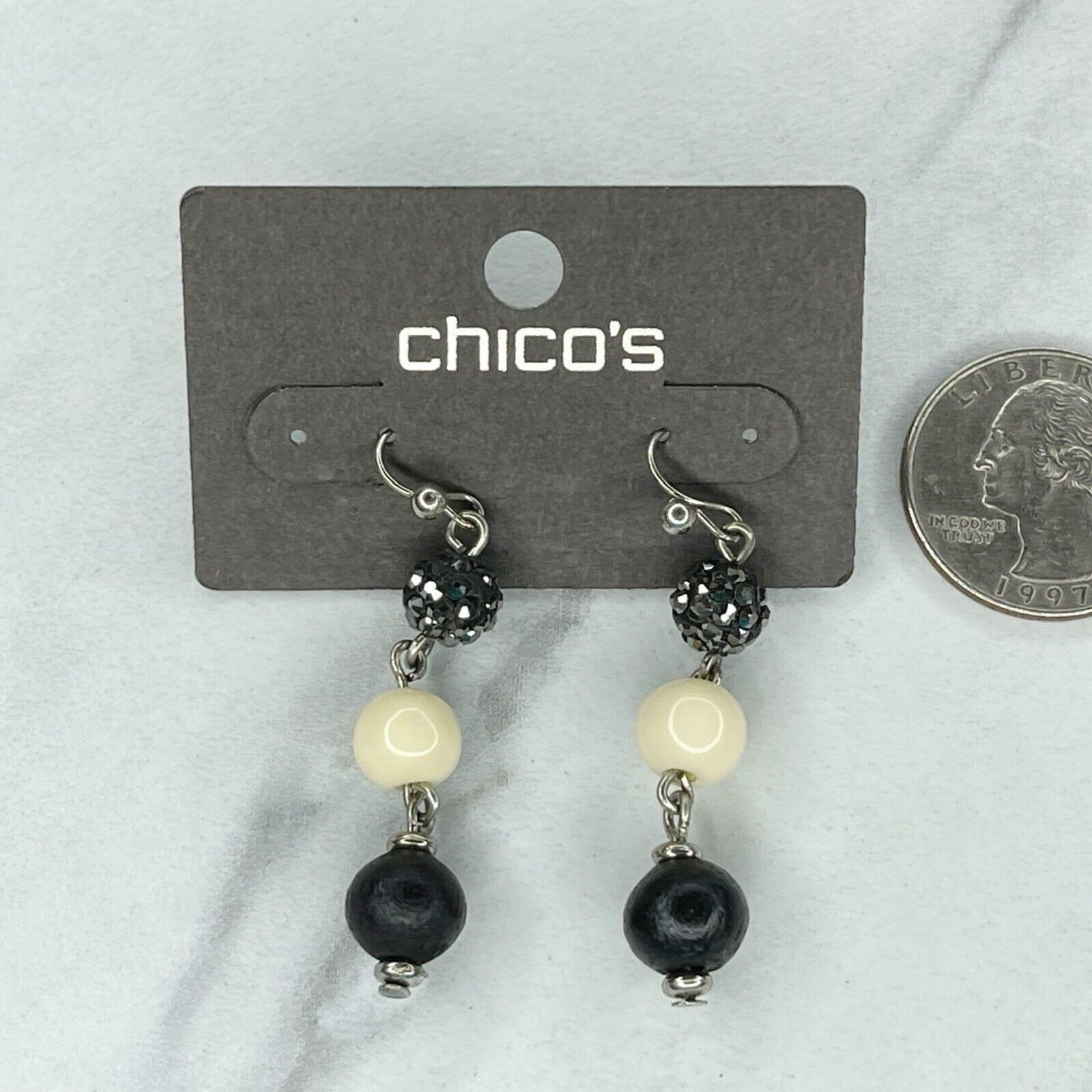 Chico's Silver Tone Rhinestone Beaded Dangle Earrings Pierced Pair - $12.86
