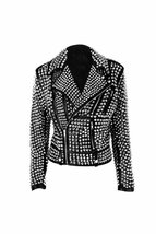 Customized Handcrafted Women Black Full Silver Studded Genuine Leather Jacket  - £259.48 GBP