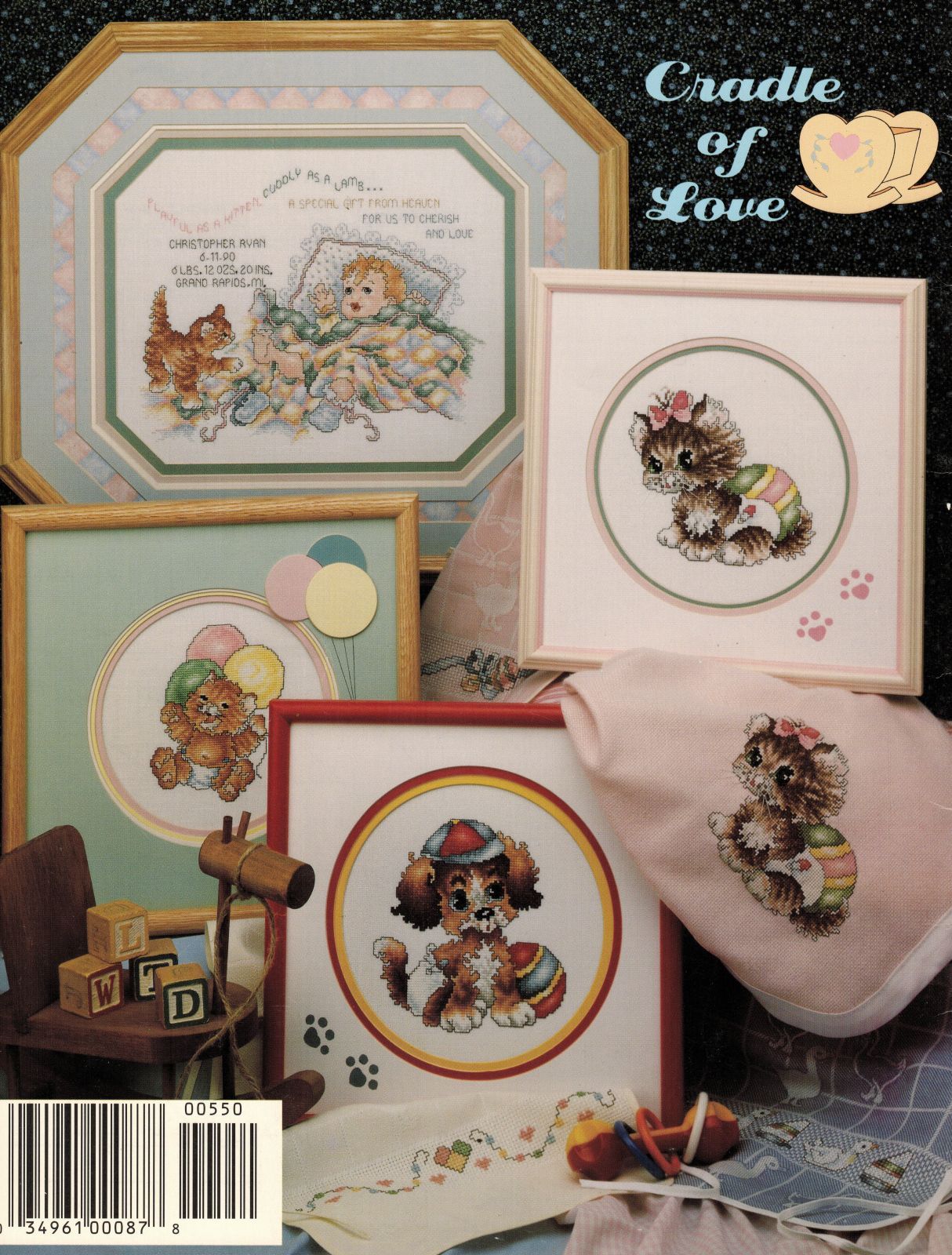 1991 Cross Stitch Cradle of Love Puppy Kitten Bunny Birth Record Bibs Patterns - $12.99