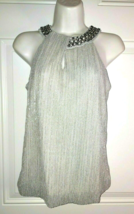 Alfani Silver Crinkle Shimmery Sleeveless Blouse Top Embellished Collar ... - £9.66 GBP