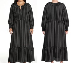 Terra &amp; Sky Noir Ikat Rayure Différencié Long Manche Paysan Robe Maxi Taille - £15.74 GBP