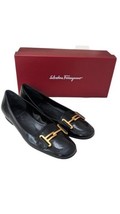 Salvatore Ferragamo Black Patent Leather Flat Shoes Size 8.5 AA Gold Logo W/ Box - £63.28 GBP