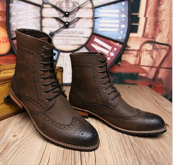 Dark Brown High Ankle Men's Boots Premium Quality Leather Burnished Brogue Toe