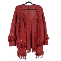 Roamans Cardigan Sweater Womens 12 Red Beaded Fringe Open Front Western Cozy - £20.13 GBP