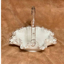 Vintage Fenton Milk Glass, Silver Crest, Crimped Basket w/Clear Glass Ha... - $36.63