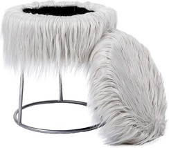 Round Grey Faux Fur Foot Stool Storage Ottoman With Silver Legs For Bedroom And - £70.33 GBP