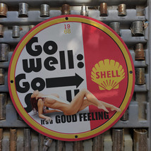 Vintage 1968 Shell &#39;Go Well&#39; Oil Company Porcelain Gas &amp; Oil Metal Sign - £99.55 GBP
