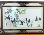 Large Carved Wood Framed Suzhou Style Bifacial Embroidery Panda Family Art  - $246.51