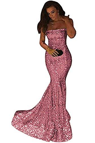 Women Sequins Mermaid Long Strapless Formal Evening Gowns Prom Dress Pink US 4