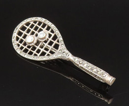 925 Silver - Vintage Cubic Zirconia &amp; Marcasite Tennis Racket Brooch Pin... - $38.69