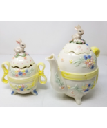 Teapot Easter Bunny Sugar Bowl Rabbit Set Floral Bow Pastel Egg Shape Vtg - $18.95