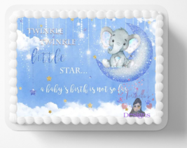 Twinkle Little Star Cute Loved Elephant Edible Image Baby Shower Cake Topper - $15.16+