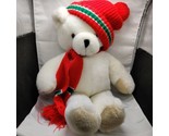 Vintage White Winter Christmas Holiday L 18&quot; Teddy Bear With Red Hat And... - £41.86 GBP