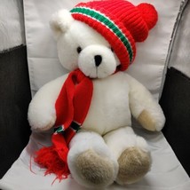 Vintage White Winter Christmas Holiday L 18&quot; Teddy Bear With Red Hat And Scarf - £41.86 GBP