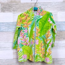 Lilly Pulitzer Tropical Floral Terry Cloth Jacket Green Pink Hooded Todd... - $39.59