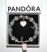 PANDORA Lobster Clasp Silver Bracelet With White &amp; AB CZ&#39;s European Charms + BOX - $89.00