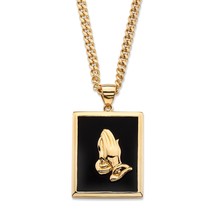 14K Gold Praying Hands Black Onyx Gp Pendant Necklace With 22&quot; Cable Chain - £79.92 GBP