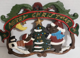 Vintage Merry Christmas Trivet Painted Cast Iron Bears Decorating Christ... - $17.46