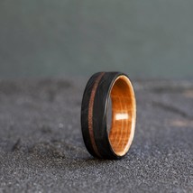 Carbon Fiber &amp; Whiskey Barrel Mens Engagement Ring with Goldstone Inlay - £165.14 GBP