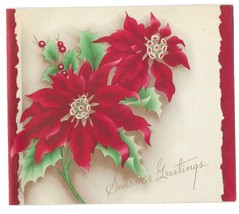 Vintage 1940s Wwii Era Christmas Greeting Holiday Card Poinsettias Art Deco - £11.66 GBP