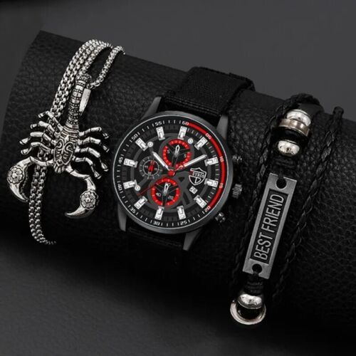 Primary image for 3PCS Men's Simple Watch Set: Quartz Necklace Bracelet Fast Free Shipping 