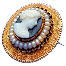 Antique Memento mori Brooch Victorian 14k Deco Pendant Onyx Cameo Pearls - £2,683.65 GBP