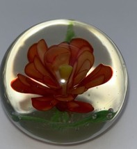 Vintage Art Glass Handblown Paperweight With Red Flower - £8.88 GBP