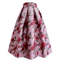 Pink Flower Midi Pleated Skirt Women Custom Plus Size A-line Midi Skirt image 2