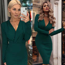 Spring And Autumn Casual Solid Color Deep V-neck Long-sleeved Dress - $48.95