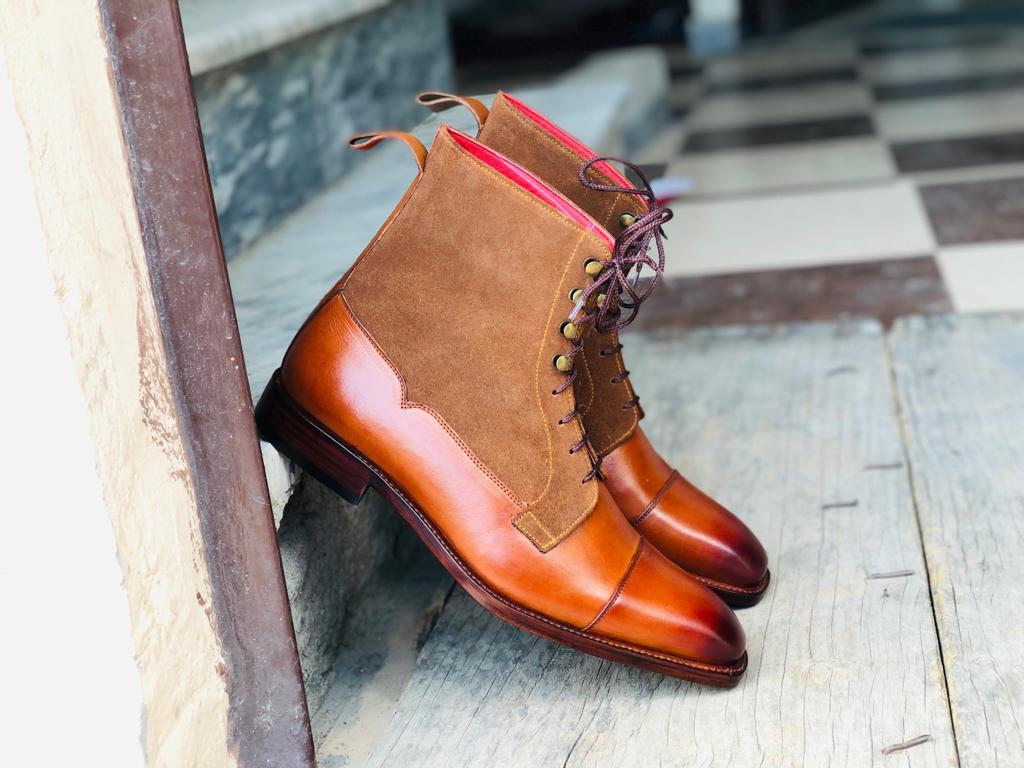 Handmade Men’s Tan & Brown Color Cap Toe Boots, Leather & Suede Ankle High Dress