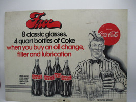 Coca-Cola 1950s Sign Double-Sided Plastic Ad For 8 Free Glasses with Oil Change - $34.65