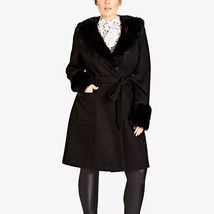 City Chic Womens M Black Fur Collared Tie Waist Winter Coat NWT T83 - $83.29