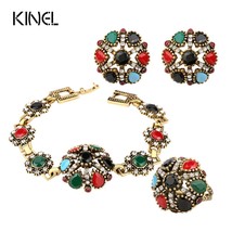 Luxury 3 Pcs Vintage Jewelry Sets Colorful Round Flower Antique Gold Color Ring  - £11.02 GBP