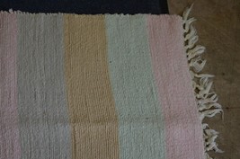 Flat Woven Handmade Rug Hand Tied Pastel Striped Floor Bath Mat Vtg Home Decor - £30.85 GBP