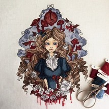 Alice in Wonderland cross stitch gothic pattern pdf - Bloody red roses c... - $9.99