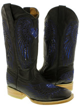 Womens Western Wear Boots Black Leather Blue Sequin Heart Wings Size 4.5, 6.5, 7 - £65.82 GBP
