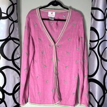 Quacker Factory Cardigan Sweater Pink Embroidered Grasshoppers Womens Medium - £19.58 GBP