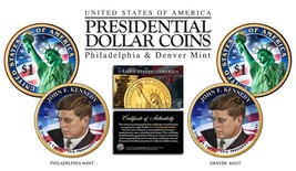 Colorized 2-sided JOHN F KENNEDY 2015 Presidential $1 Dollar 2-Coin Set P&D MINT - $12.16
