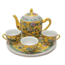 Antique Yellow Glazed Tea Set Teapot 3 Cups and Tray Chinese Porcelain 1900&#39;s - £130.37 GBP