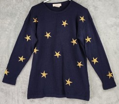 Jennifer Reed Sweater Womens Medium Blue Gold Embroidered Stars Vintage Wool - £23.48 GBP