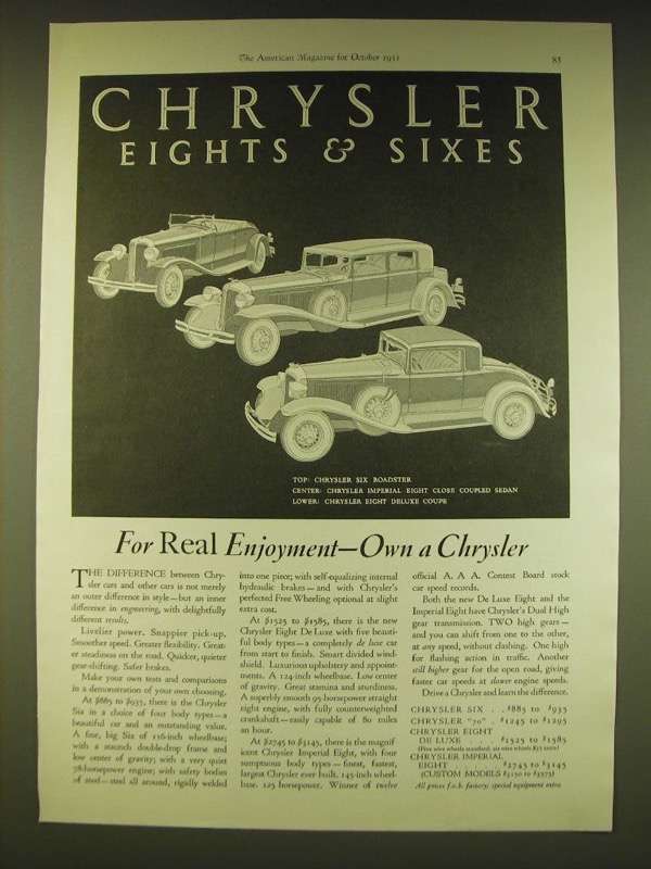 1931 Chrysler Car Ad - Six Roadster, Imperial Eight Close Couped Sedan - $18.49