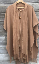 Wool Shawl Brown Open Front Poncho One Size Wrap Sweater Fringe with Scarf - £27.48 GBP