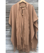Wool Shawl Brown Open Front Poncho One Size Wrap Sweater Fringe with Scarf - £27.06 GBP