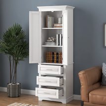 White Tall Storage Cabinet with Three Drawers Modern Contemporary MDF Pa... - £296.21 GBP